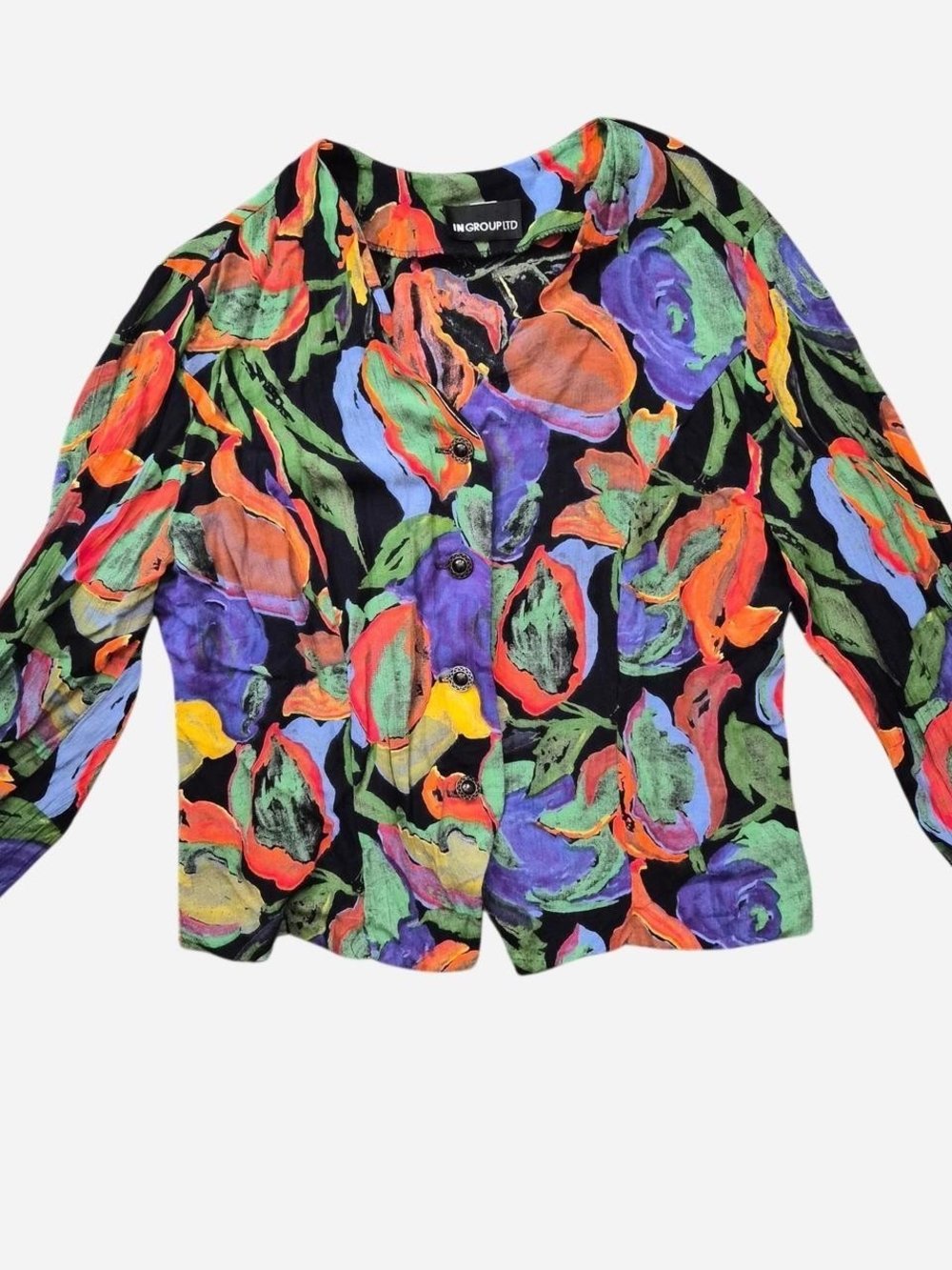 In Group/TD Multicolor Abstract Floral Button Front Blouse Black Base